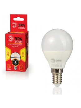 Лампа светодиодная ЭРА, 6 (40) Вт, цоколь E14, шар, теплый белый свет, 25000 ч., LED smdР45-6w-827-E14ECO