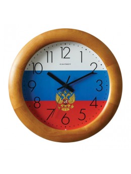 Часы настенные САЛЮТ ДС-ББ27-185, круг, с рисунком 'Флаг России', деревянная рамка, 31х31х4,5 см