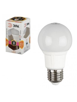 Лампа светодиодная ЭРА, 8 (70) Вт, цоколь E27, грушевидная, теплый белый свет, 25000 ч., LED smdA60-8w-827-E27, Б0020534