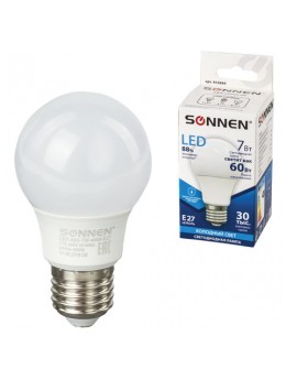 Лампа светодиодная SONNEN, 7 (60) Вт, цоколь Е27, грушевидная, холодный белый свет, LED A55-7W-4000-E27, 453694