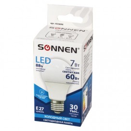 Лампа светодиодная SONNEN, 7 (60) Вт, цоколь Е27, грушевидная, холодный белый свет, LED A55-7W-4000-E27, 453694