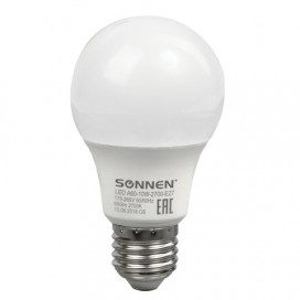 Лампа светодиодная SONNEN, 10 (85) Вт, цоколь Е27, грушевидная, теплый белый свет, LED A60-10W-2700-E27, 453695