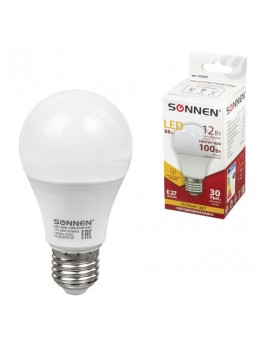 Лампа светодиодная SONNEN, 12 (100) Вт, цоколь Е27, грушевидная, теплый белый свет, LED A60-12W-2700-E27, 453697