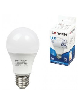 Лампа светодиодная SONNEN, 12 (100) Вт, цоколь Е27, грушевидная, холодный белый свет, LED A60-12W-4000-E27, 453698