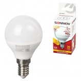 Лампа светодиодная SONNEN, 5 (40) Вт, цоколь E14, шар, теплый белый свет, LED G45-5W-2700-E14, 453701