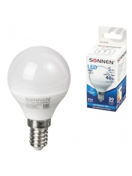 Лампа светодиодная SONNEN, 5 (40) Вт, цоколь E14, шар, холодный белый свет, LED G45-5W-4000-E14, 453702