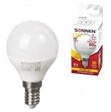 Лампа светодиодная SONNEN, 7 (60) Вт, цоколь Е14, шар, теплый белый свет, LED G45-7W-2700-E14, 453705