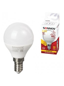 Лампа светодиодная SONNEN, 7 (60) Вт, цоколь Е14, шар, теплый белый свет, LED G45-7W-2700-E14, 453705