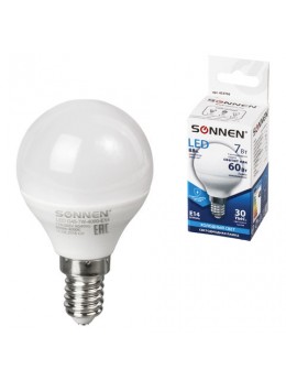 Лампа светодиодная SONNEN, 7 (60) Вт, цоколь Е14, шар, холодный белый свет, LED G45-7W-4000-E14, 453706
