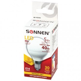 Лампа светодиодная SONNEN, 5 (40) Вт, цоколь E14, шар, теплый белый свет, LED G45-5W-2700-E14, 453701