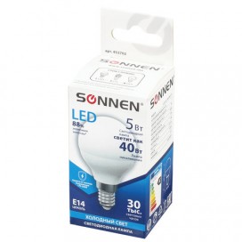 Лампа светодиодная SONNEN, 5 (40) Вт, цоколь E14, шар, холодный белый свет, LED G45-5W-4000-E14, 453702