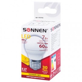 Лампа светодиодная SONNEN, 7 (60) Вт, цоколь E27, шар, теплый белый свет, LED G45-7W-2700-E27, 453703