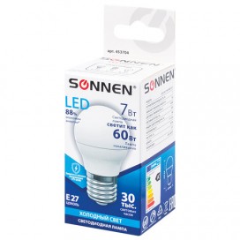 Лампа светодиодная SONNEN, 7 (60) Вт, цоколь E27, шар, холодный белый свет, LED G45-7W-4000-E27, 453704