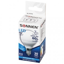 Лампа светодиодная SONNEN, 7 (60) Вт, цоколь Е14, шар, холодный белый свет, LED G45-7W-4000-E14, 453706