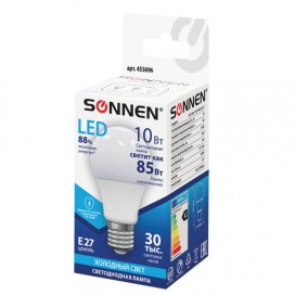 Лампа светодиодная SONNEN, 10 (85) Вт, цоколь Е27, грушевидная, холодный белый свет, LED A60-10W-4000-E27, 453696