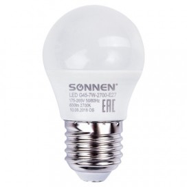 Лампа светодиодная SONNEN, 7 (60) Вт, цоколь E27, шар, теплый белый свет, LED G45-7W-2700-E27, 453703