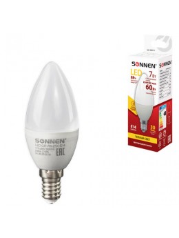 Лампа светодиодная SONNEN, 7 (60) Вт, цоколь Е14, свеча, теплый белый свет, LED C37-7W-2700-E14, 453711