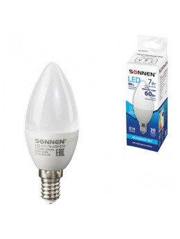 Лампа светодиодная SONNEN, 7 (60) Вт, цоколь Е14, свеча, холодный белый свет, LED C37-7W-4000-E14, 453712