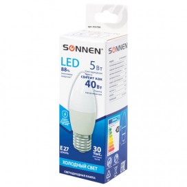 Лампа светодиодная SONNEN, 5 (40) Вт, цоколь E27, свеча, холодный белый свет, LED C37-5W-4000-E27, 453708