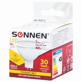 Лампа светодиодная SONNEN, 5 (40) Вт, цоколь GU5.3, теплый белый свет, LED MR16-5W-2700-GU5.3, 453713