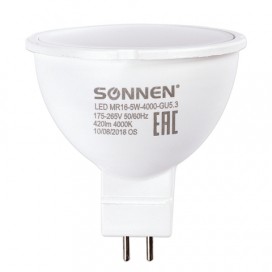 Лампа светодиодная SONNEN, 5 (40) Вт, цоколь GU5.3, холодный белый свет, LED MR16-5W-4000-GU5.3, 453714