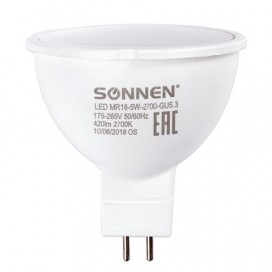 Лампа светодиодная SONNEN, 5 (40) Вт, цоколь GU5.3, теплый белый свет, LED MR16-5W-2700-GU5.3, 453713