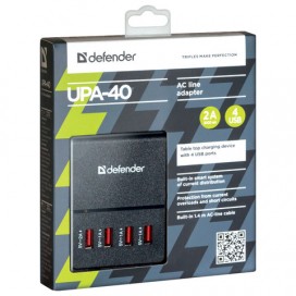 Зарядное устройство сетевое (220В) на 4 USB-порта, DEFENDER UPA-40, шнур 1,4 м, черное, 83537