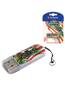 Флэш-диск 8 GB, VERBATIM Mini Tattoo Edition Dragon, USB 2.0, белый с рисунком, 49884