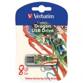 Флэш-диск 8 GB, VERBATIM Mini Tattoo Edition Dragon, USB 2.0, белый с рисунком, 49884