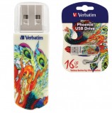 Флэш-диск 16 GB, VERBATIM Mini Tattoo Edition Phoenix, USB 2.0, белый с рисунком, 49887