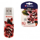 Флэш-диск 16 GB, VERBATIM Mini Tattoo Edition Rose, USB 2.0, белый с рисунком, 49885