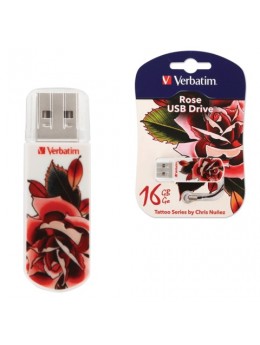 Флэш-диск 16 GB, VERBATIM Mini Tattoo Edition Rose, USB 2.0, белый с рисунком, 49885