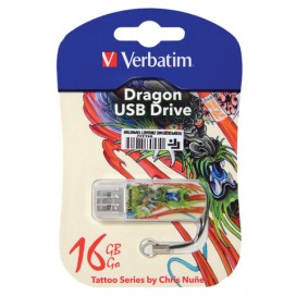 Флэш-диск 16 GB, VERBATIM Mini Tattoo Edition Dragon, USB 2.0, белый с рисунком, 49888