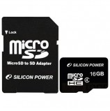 Карта памяти micro SDHC, 16 GB, SILICON POWER, 4 Мб/сек. (class 4), с адаптером, 16GBSTH004V10SP