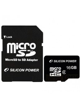 Карта памяти micro SDHC, 16 GB, SILICON POWER, 4 Мб/сек. (class 4), с адаптером, 16GBSTH004V10SP