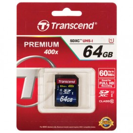 Карта памяти SDXC, 64 GB, TRANSCEND Premium 400x, UHS-I U1, 60 Мб/сек. (class 10), TS64GSDU1