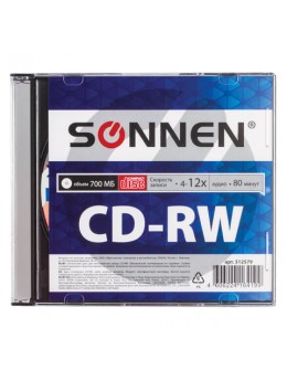 Диск CD-RW SONNEN, 700 Mb, 4-12x, Slim Case (1 штука), 512579