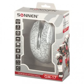 Мышь проводная игровая SONNEN GM-17, USB, 2400 dpi, 6 кнопок, оптическая, LED-подсветка, белая