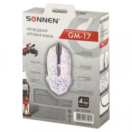 Мышь проводная игровая SONNEN GM-17, USB, 2400 dpi, 6 кнопок, оптическая, LED-подсветка, белая