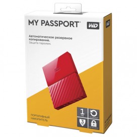 Диск жесткий внешний HDD WESTERN DIGITAL 'My Passport', 1 TB, 2,5', USB 3.0, красный, WDBBEX0010BRD