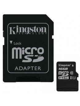Карта памяти micro SDHC,16 GB, KINGSTON Canvas Select, UHS-I U1, 80 Мб/сек. (class 10), адаптер, SDCS/16GB