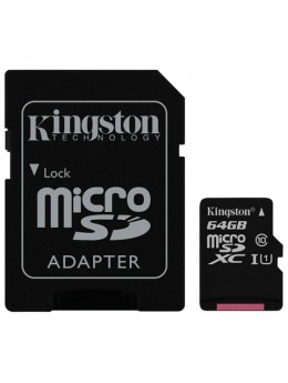 Карта памяти micro SDXC, 64 GB, KINGSTON Canvas Select, UHS-I U1, 80 Мб/сек. (class 10), адаптер, SDCS/64GB