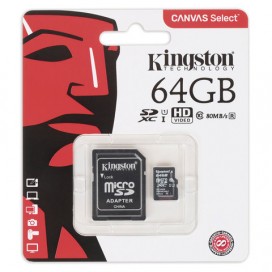 Карта памяти micro SDXC, 64 GB, KINGSTON Canvas Select, UHS-I U1, 80 Мб/сек. (class 10), адаптер, SDCS/64GB