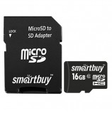 Карта памяти micro SDHC, 16 GB, SMARTBUY, 10 Мб/сек. (class 10), с адаптером, SB16GBSDCL10-01