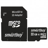 Карта памяти micro SDHC, 32 GB, SMARTBUY, 10 Мб/сек. (class 10), с адаптером, SB32GBSDCL10-01