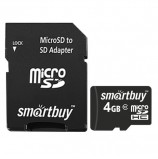 Карта памяти micro SDHC, 4 GB, SMARTBUY, 10 Мб/сек. (class 10), с адаптером, SB4GBSDCL10-01