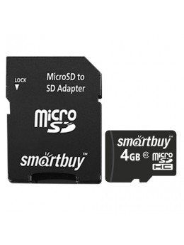 Карта памяти micro SDHC, 4 GB, SMARTBUY, 10 Мб/сек. (class 10), с адаптером, SB4GBSDCL10-01