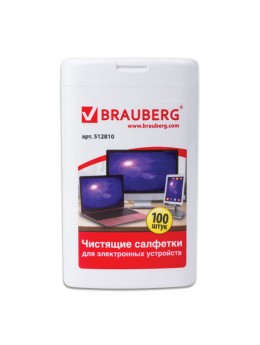 Чистящие салфетки для ноутбуков и оптических поверхностей BRAUBERG, компактная туба 100 шт., влажные, 512810