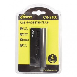 Хаб RITMIX CR-2400, USB 2.0, 4 порта, кабель 1 м, алюминиевый корпус, черный, 15118095