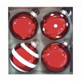 Шары елочные, НАБОР 4 шт., стекло, диаметр 6 см, цвет красный, с рисунком глиттером (глянец), ассорти, 76698, 78932